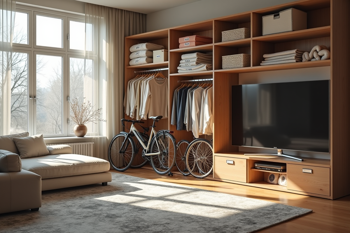 Salon moderne aménagé en espace de rangement avec meubles modulaires