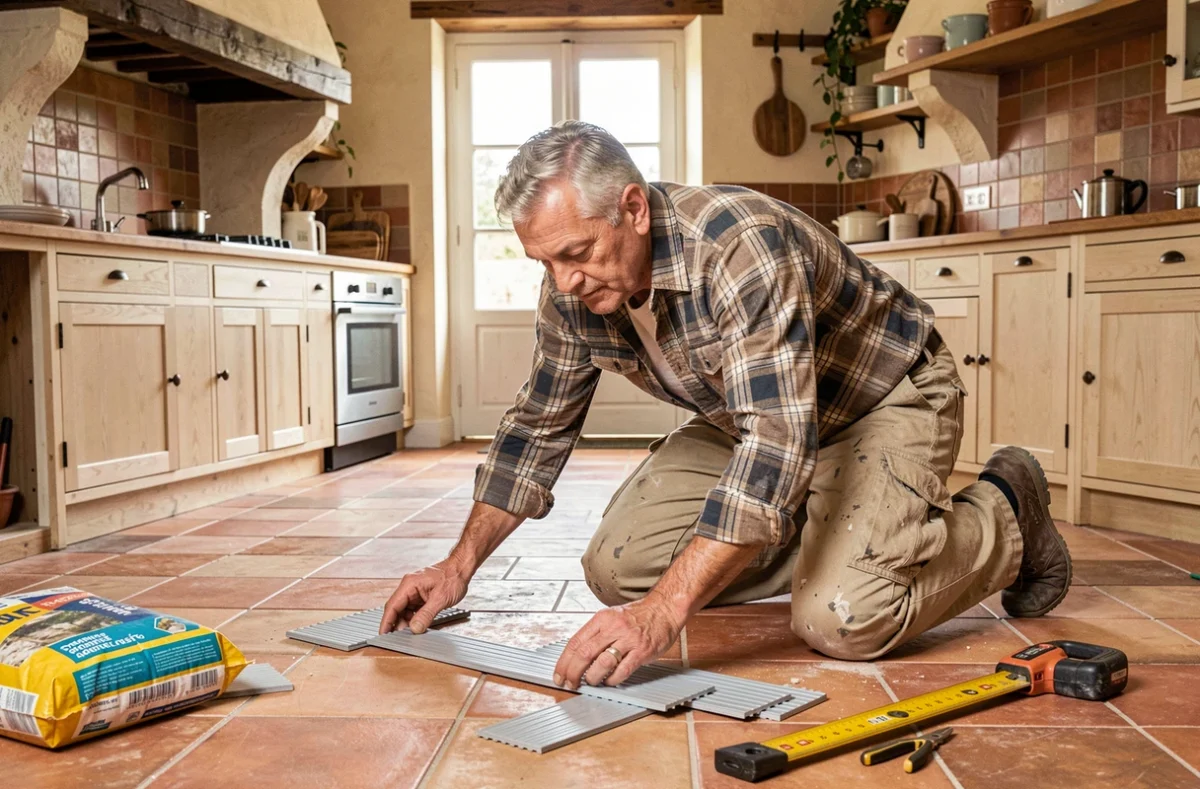 Ouvrier de la SARL MARCHAND MAURICE posant des carreaux en terre cuite dans une cuisine rénovée dans la Marne