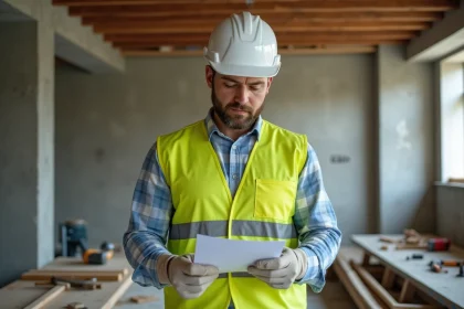 Ouvrier en équipement de protection individuelle consultant une checklist de sécurité sur un chantier de rénovation intérieur