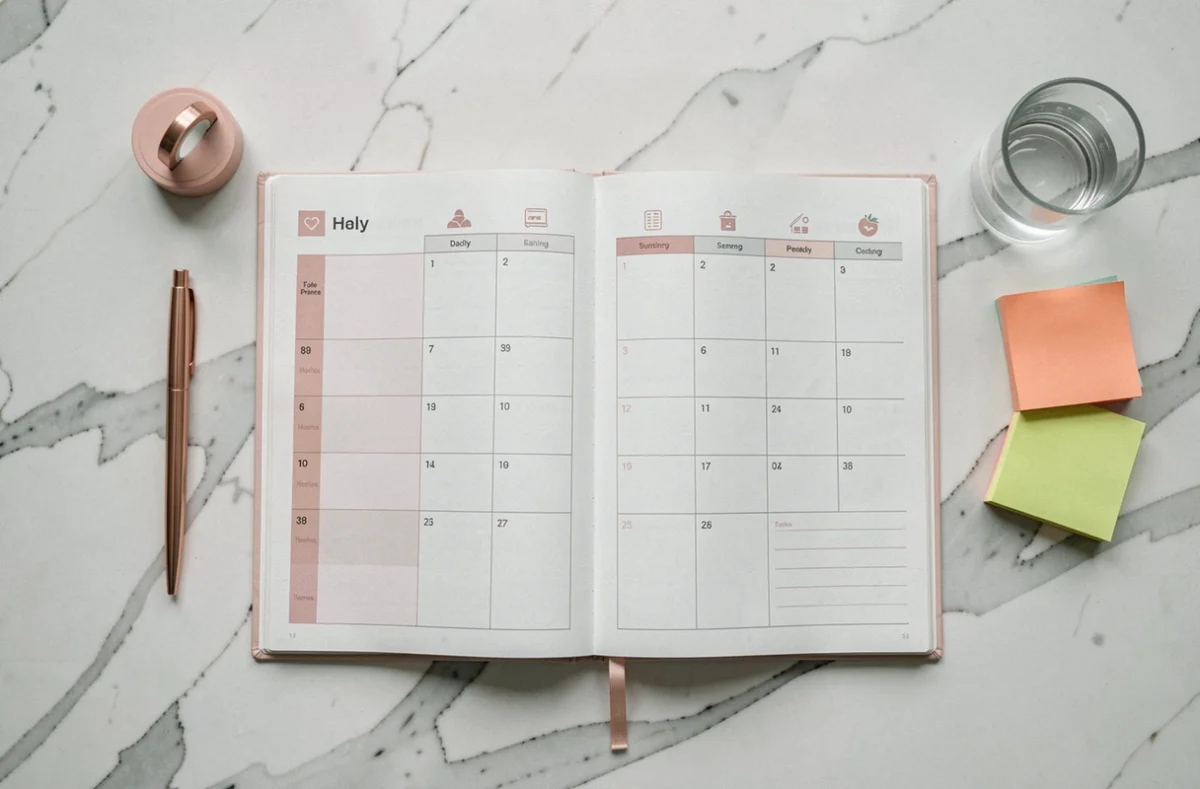 Semainier imprimé ouvert en vue de dessus sur un plan de travail en marbre clair, entouré de papeterie colorée et d'un stylo rose gold