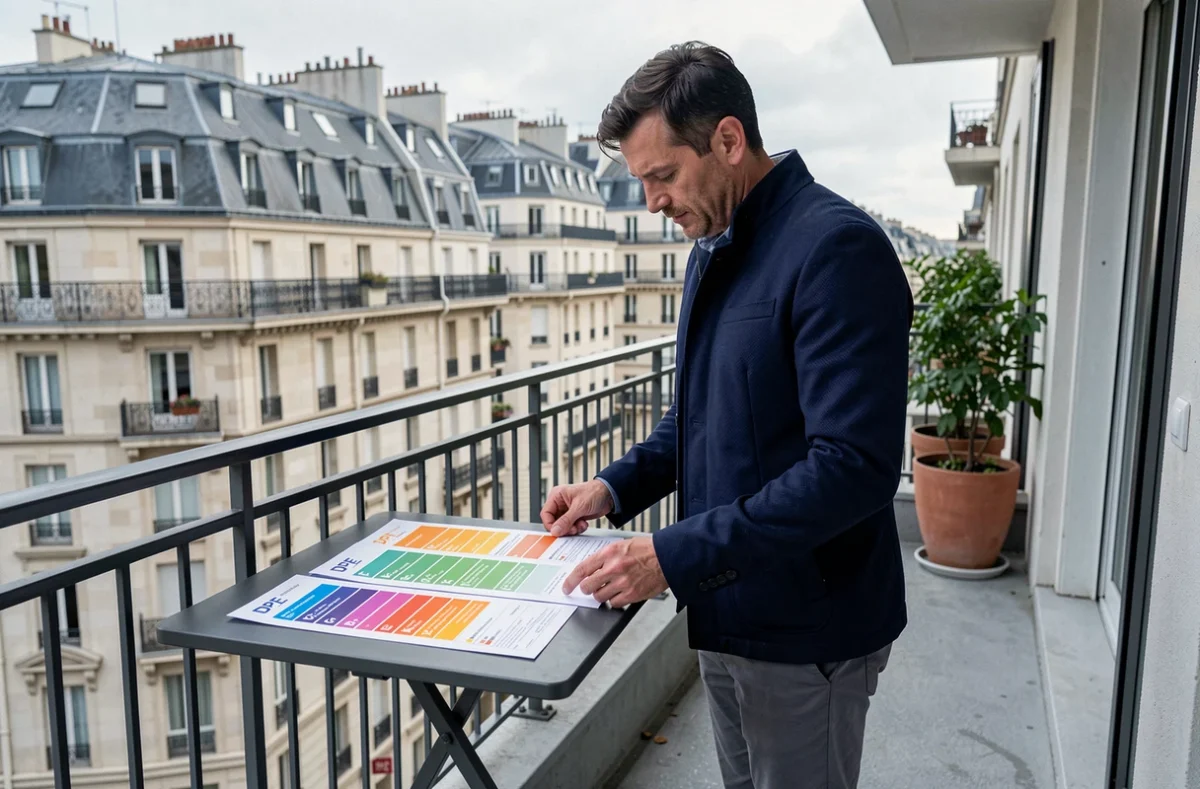 Homme consultant des documents DPE sur le balcon d'un appartement urbain avec vue sur des immeubles haussmanniens, illustrant le diagnostic de performance énergétique en milieu urbain