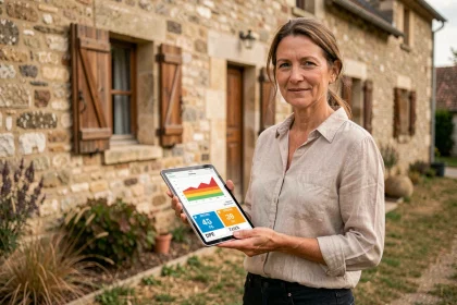 Femme tenant une tablette affichant un simulateur DPE devant une maison rurale en pierre, illustration de l'habitat rural et du diagnostic de performance énergétique