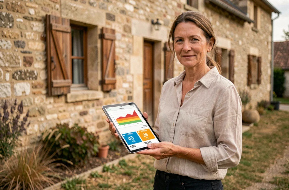 Femme tenant une tablette affichant un simulateur DPE devant une maison rurale en pierre, illustration de l'habitat rural et du diagnostic de performance énergétique