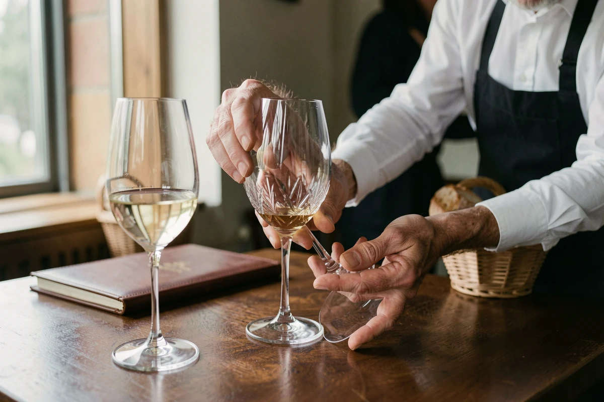 Sommelier plaçant un verre de champagne à côté de verres à vin rouge et blanc dans un restaurant gastronomique