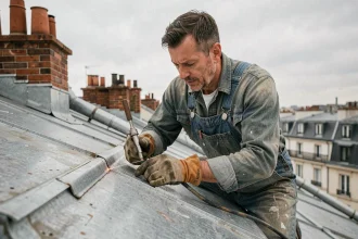 Couvreur professionnel en train de souder une joint de zinc sur un toit parisien en extérieur, assurant une étanchéité parfaite