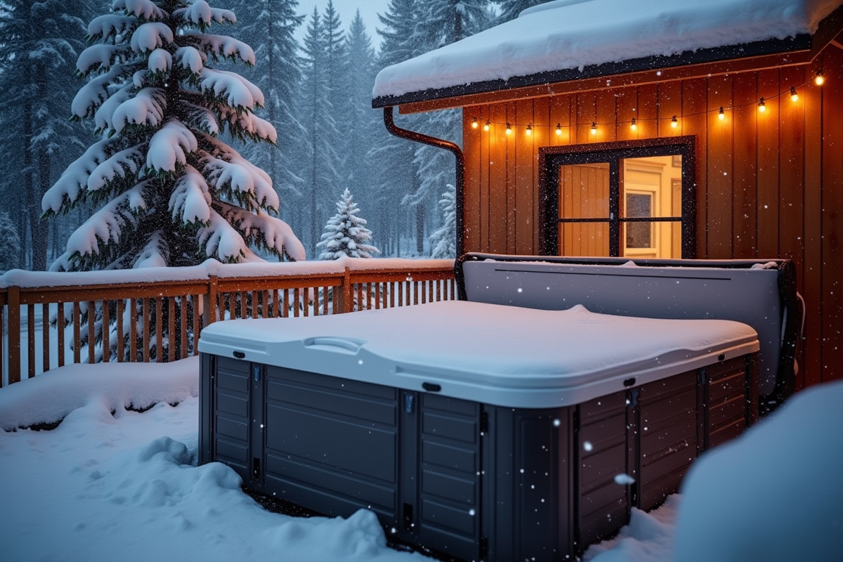 Spa en hiver avec couverture isolante sous la neige et éclairage chaleureux