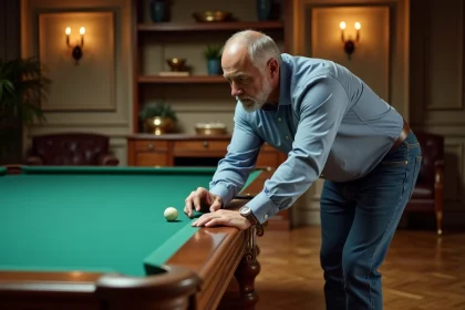 Homme d'&acirc;ge moyen analysant une table de billard classique