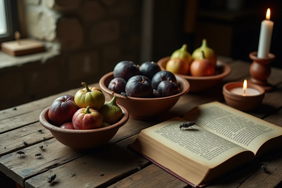 Table de cuisine rustique avec des mouches sur des fruits trop mûrs et un livre ouvert sur le symbolisme spirituel, évoquant la double signification d'une invasion de mouches