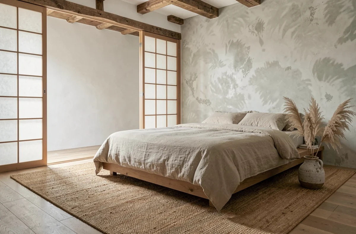 Tapis en herbe marine naturelle sous un lit bas dans une chambre japonisante avec panneaux shoji et herbes de pampa séchées