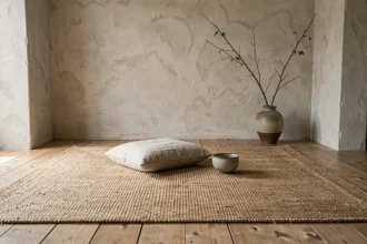 Tapis en jute naturel aux textures irrégulières dans un salon minimaliste wabi-sabi avec sol en chêne vieilli et murs en plâtre brut