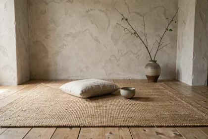 Tapis en jute naturel aux textures irrégulières dans un salon minimaliste wabi-sabi avec sol en chêne vieilli et murs en plâtre brut