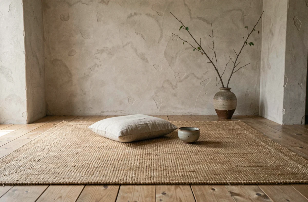 Tapis en jute naturel aux textures irrégulières dans un salon minimaliste wabi-sabi avec sol en chêne vieilli et murs en plâtre brut
