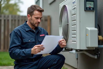 Technicien PAC Hitachi consultant une liste de codes erreur devant une unité extérieure de pompe à chaleur