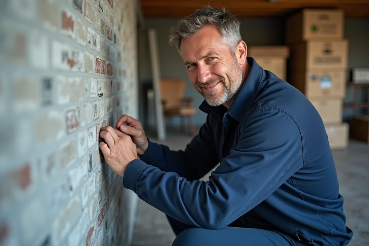 Technicien appliquant une membrane contre l'humidite sur un mur de sous-sol