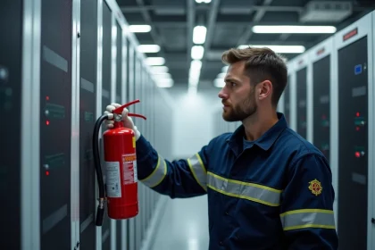 Technicien en sécurité incendie inspectant un extincteur CO2 rouge fixé au mur d'une salle serveur