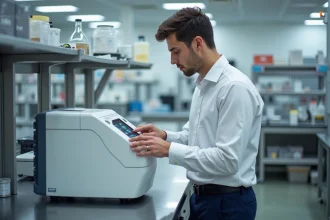 Jeune technicien en laboratoire examinant un analyseur moderne
