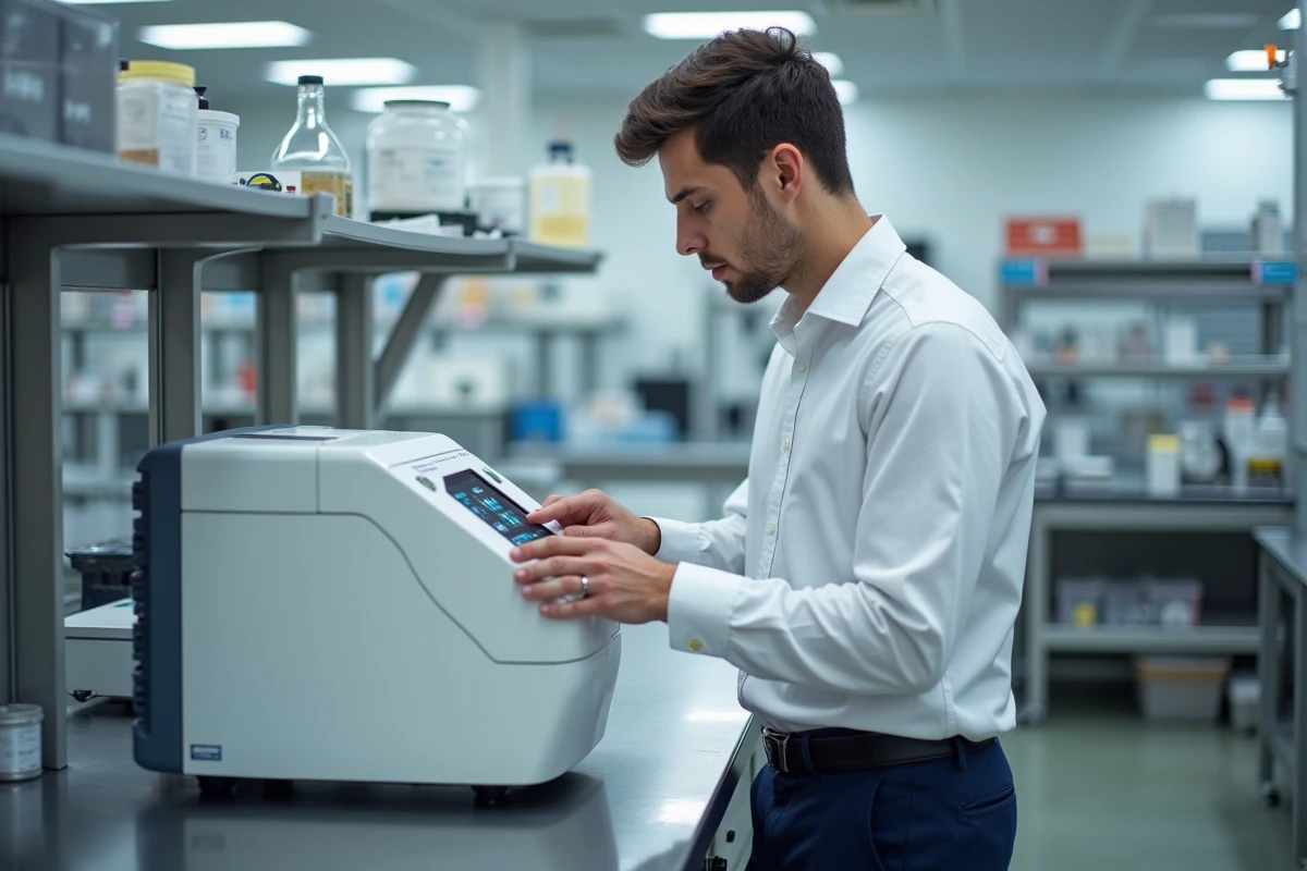 Jeune technicien en laboratoire examinant un analyseur moderne