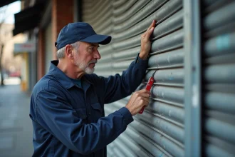 Technicien de réparation inspectant un volet métallique urbain