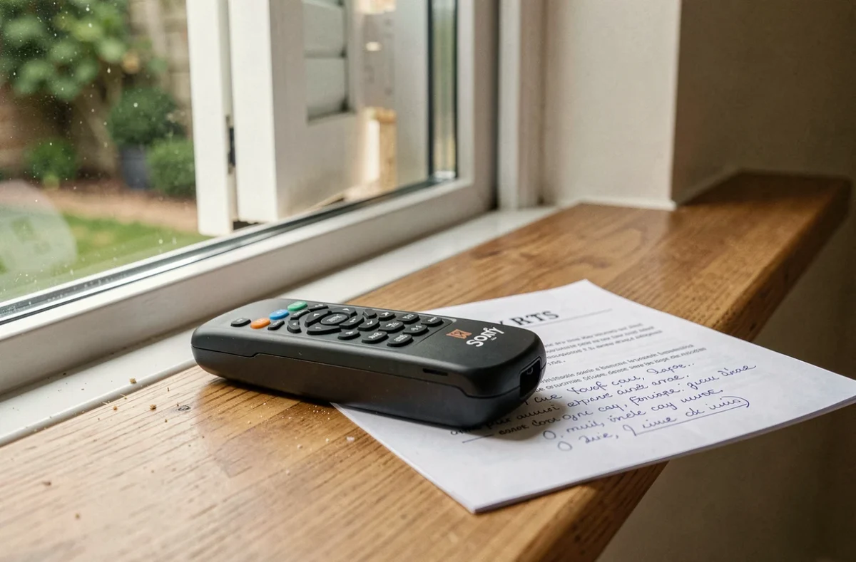 Télécommande Somfy RTS et notice de reprogrammation volet roulant posées sur un rebord de fenêtre
