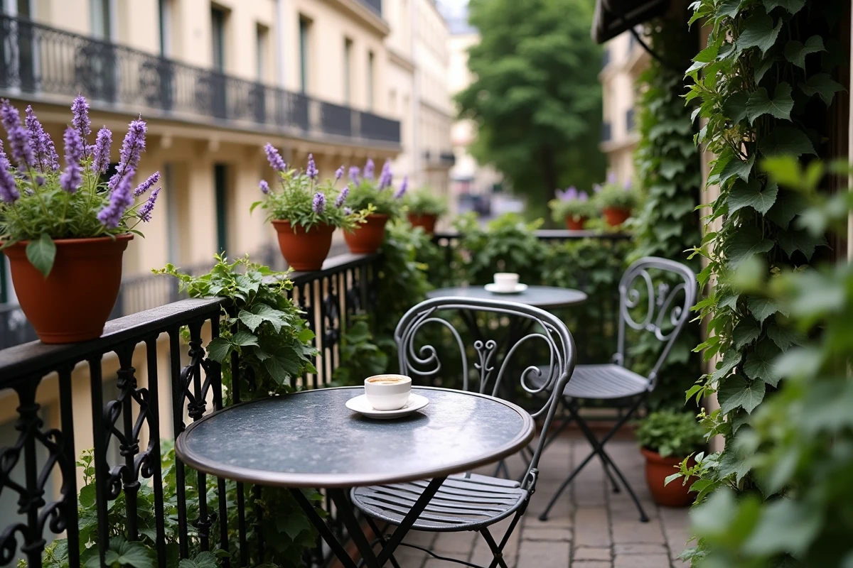 Terrasse classique parisienne avec balustrade en fer forgé, plantes en pot et mobilier bistro traditionnel