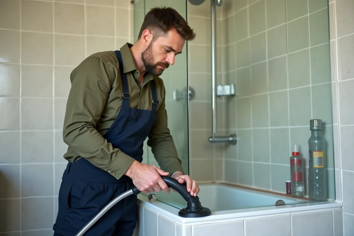 Homme testant un nettoyeur vapeur Lidl dans la salle de bain, test des accessoires sur joints de baignoire