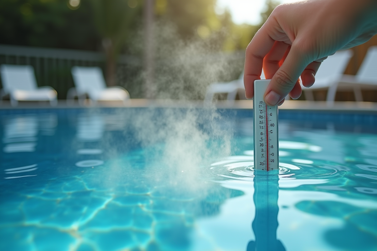 Main tenant un thermometre de piscine dans l