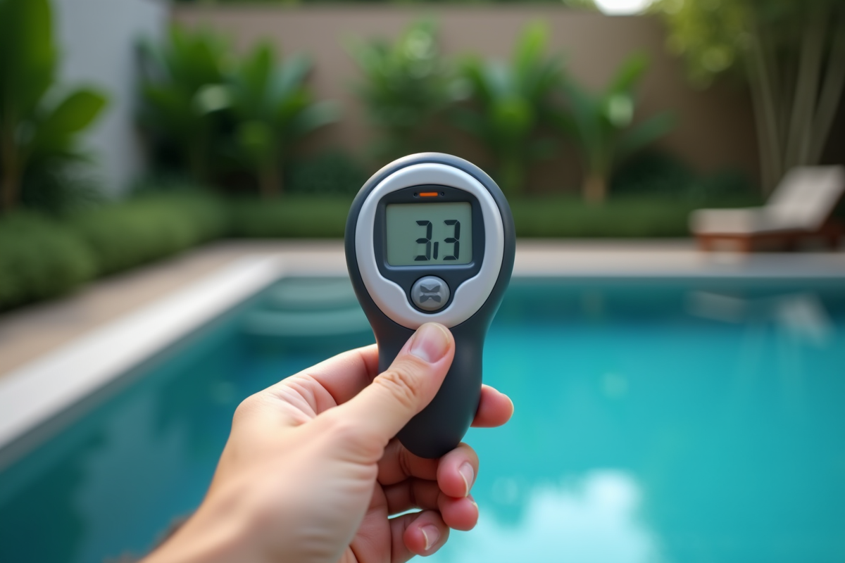 Personne vérifiant la température de la piscine avec un thermomètre
