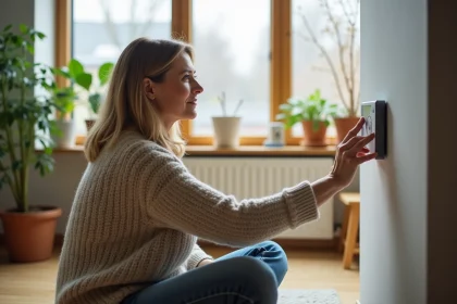 Femme ajustant un thermostat digital dans un salon chaleureux