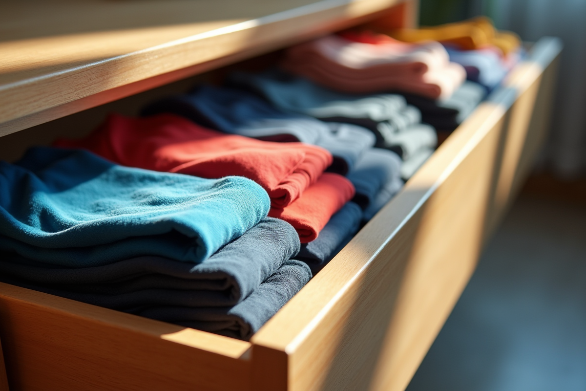 Tiroirs bien rangés avec t-shirts colorés pliés avec soin