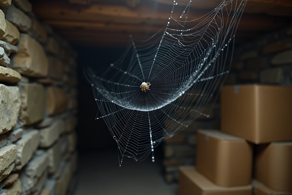 Toile d'araignée avec araignée dans un sous-sol en pierre d'une maison française en automne