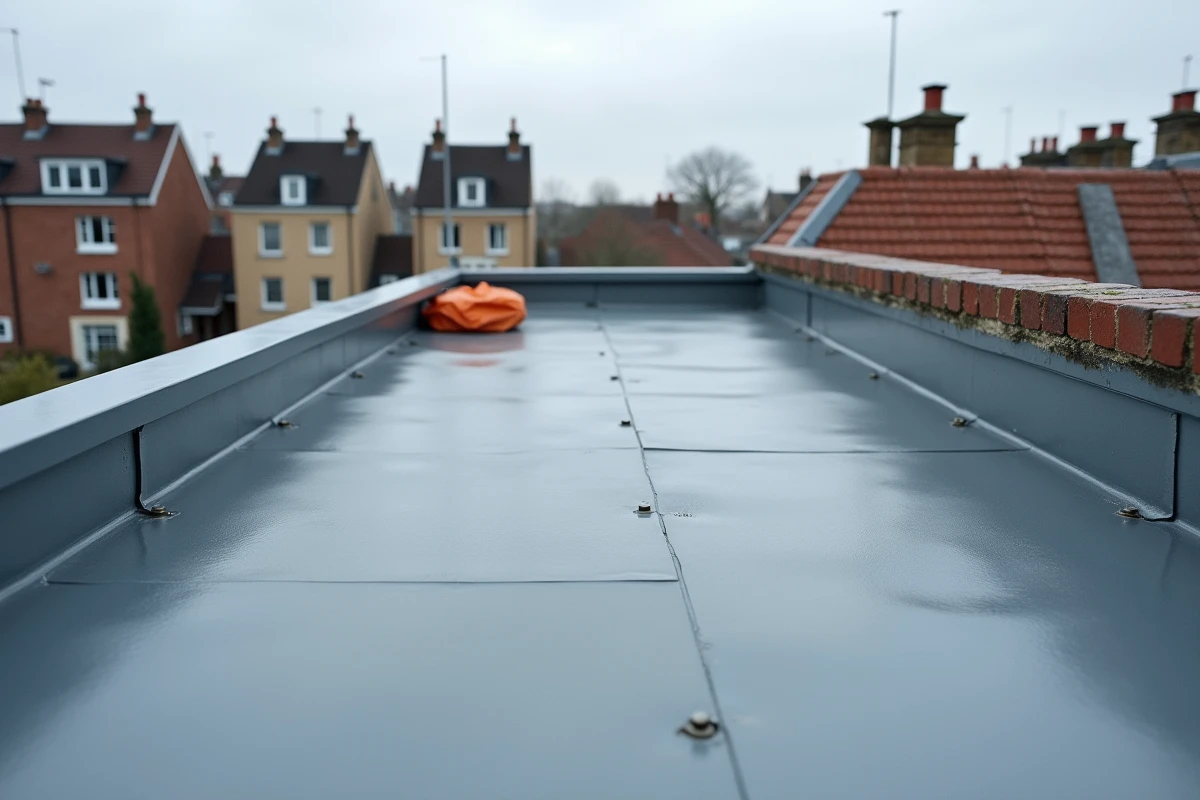 Vue d'ensemble d'un toit terrasse avec gouttières en zinc nouvellement posées et soudées