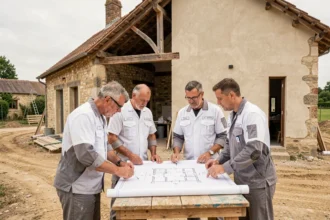 Équipe de professionnels de la rénovation dans la Marne discutant de plans devant une maison en cours de rénovation