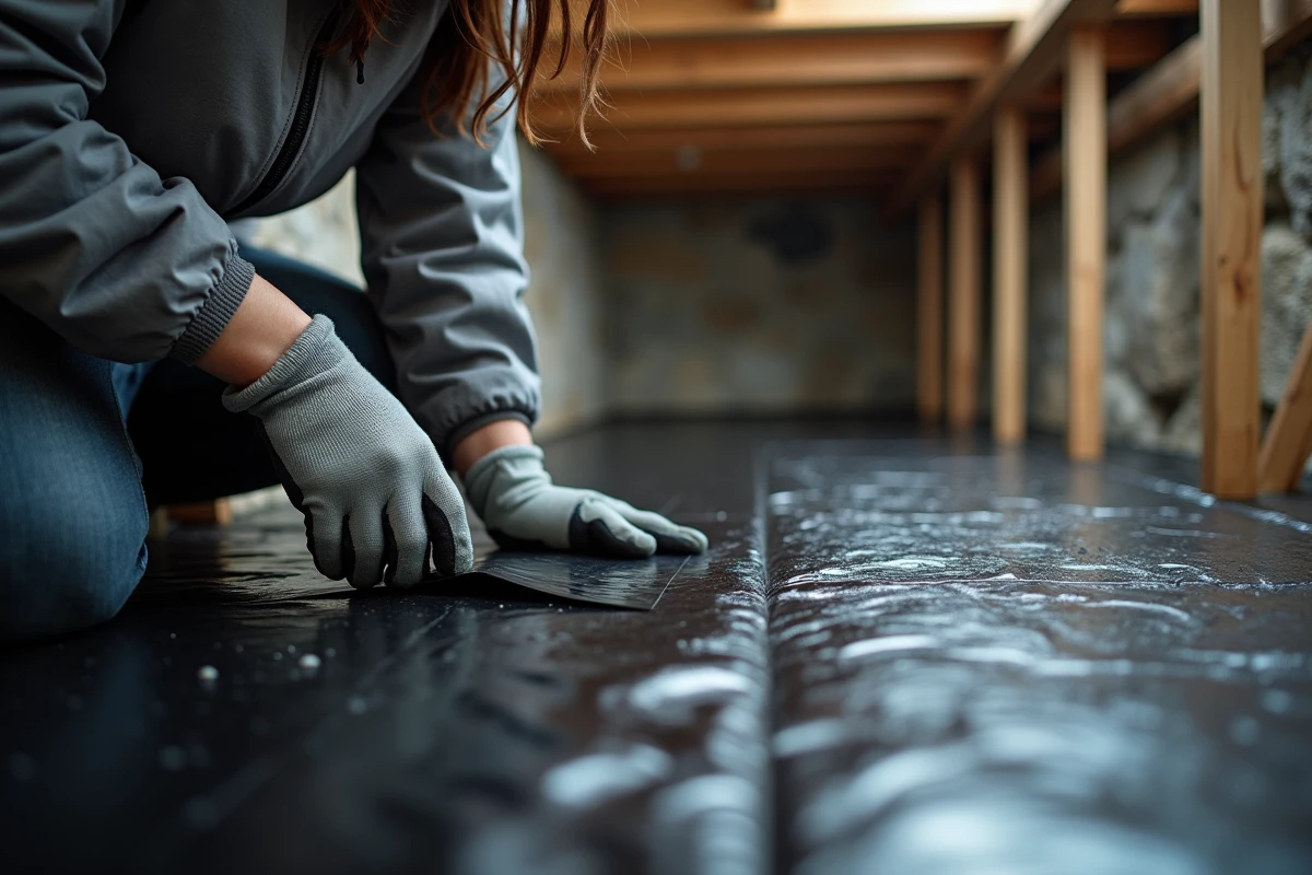 Pose d'un isolant mince TRISO Noir entre des solives existantes dans un vide sanitaire lors d'une rénovation d'isolation par le bas