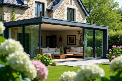 Véranda en verre et aluminium adossée à une maison en pierre bretonne, vue depuis le jardin fleuri