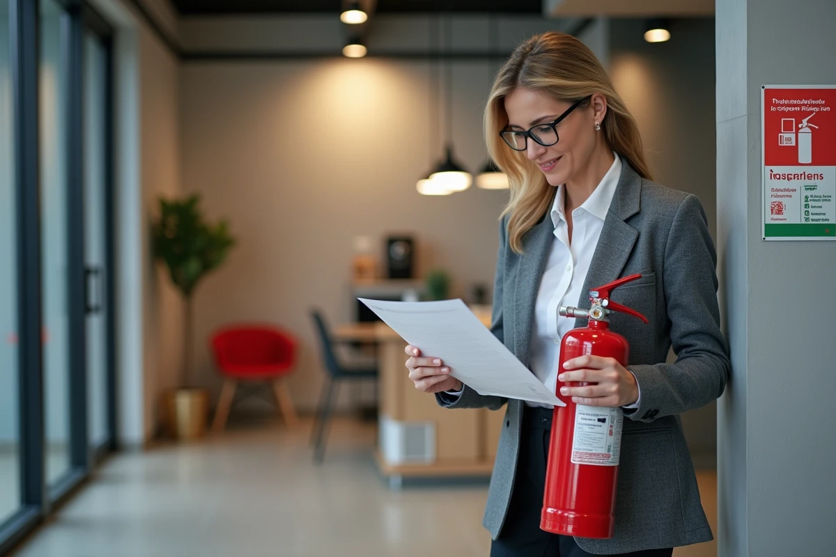 Femme vérifiant la fiche d'entretien d'un extincteur CO2 dans une salle de pause de bureau moderne