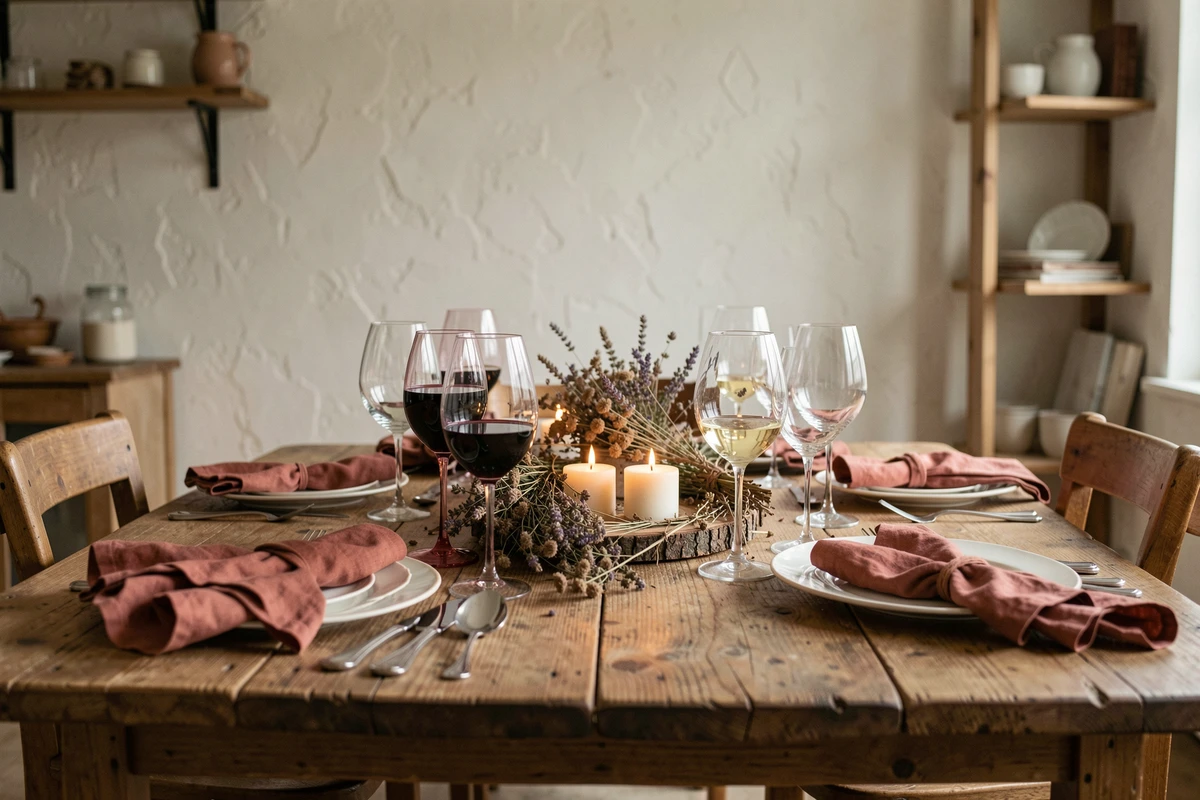 Table de salle à manger rustique avec verres à vin rouge et blanc disposés par couvert pour un repas convivial
