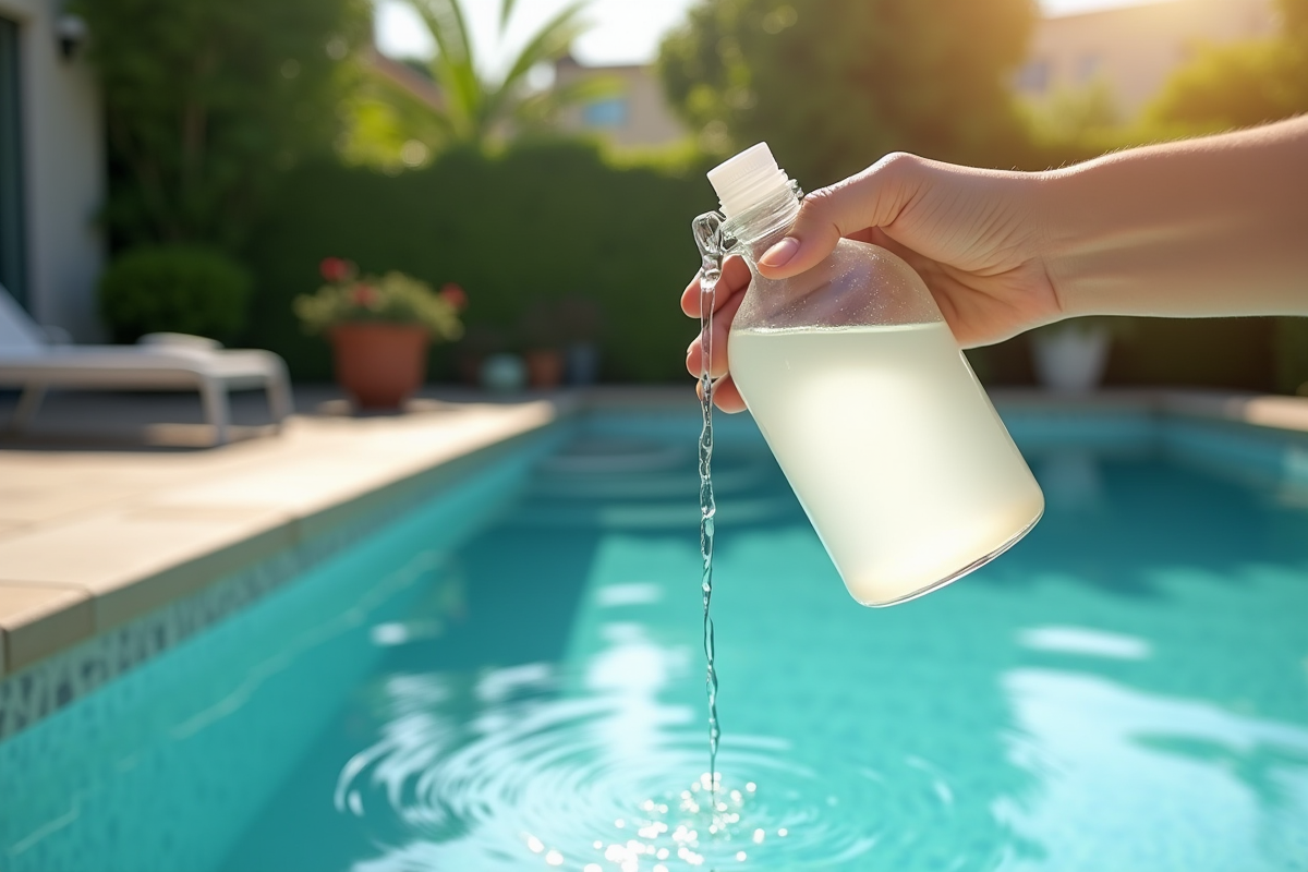 Versement de vinaigre blanc dans une piscine propre en extérieur