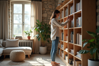 Femme arrangeant des livres dans un salon spacieux et chaleureux