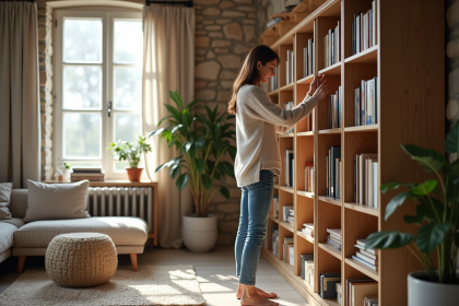 Femme arrangeant des livres dans un salon spacieux et chaleureux